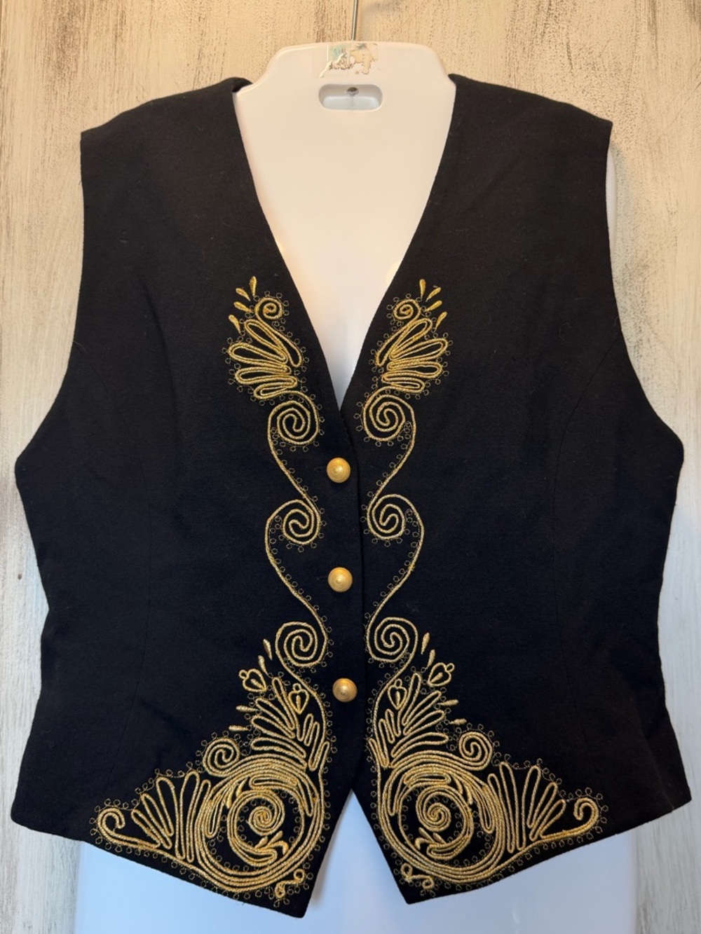Linda Allard Ellen Tracy Black 100% Wool Vest Gold buttons/ stitching Size 12
